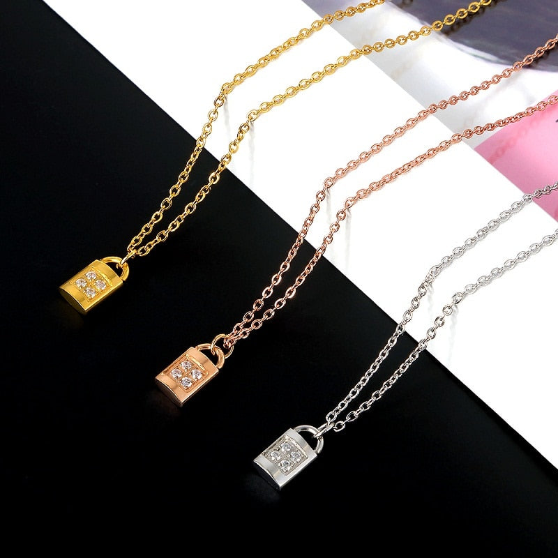 CZ Stone Gold Lock Pendant Necklace